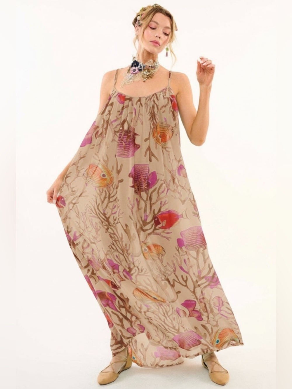 Aratta Ocean Breeze Dress in Beige Brown